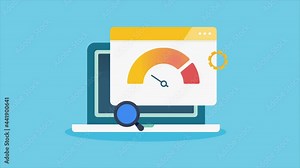 KPI meter - business analytics, key performance indicator, performance chart, speedometer, digital display measurement app on laptop screen. 2d animation 4k video background.