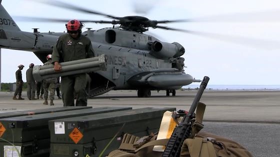 US Marine Arm and Refuel CH-53 Super Stallion Helicopter