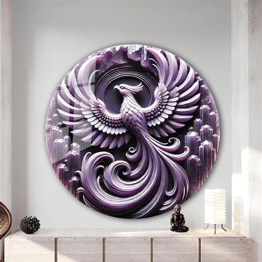 Phoenix Amethyst Style Tempered Glass Wall Art, Round Decor - Etsy