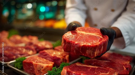 4k A realistic and highly detailed butcher-shop scene viewed through a glass display case. In the foreground, various cuts of raw beef and pork are arranged on chilled