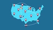 Planes routes flying over United States map, tourism and travel...