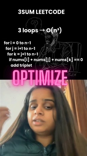 Vandana Yadav | Coding | Software Engineer on Instagram: "3SUM is not about memorizing code. It’s about understanding optimization and pointers. If you’re preparing for interviews, this question is a MUST. 🎯 Full explanation on YouTube #leetcode #dsa #interviewquestions #twopointer #placements"