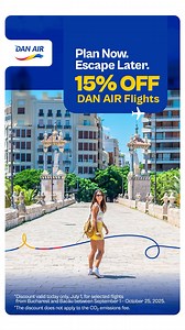 🧳 Book your autumn escape today and save 15% on selected DAN AIR flights to or from Bucharest (OTP) & Bacău (BCM)! 🍂Whether you're craving city lights, seaside sunsets, or something completely new – your next European adventure might just be on sale. 🛫 Eligible routes from Bucharest (OTP): London, Dublin, Valencia, Larnaca, Berlin 🛫 Eligible routes from Bacău (BCM): London, Dublin, Brussels, Milan, Madrid, Barcelona, Bologna, Turin Book now on our website or in the DAN AIR app. #DanAir #FlyD
