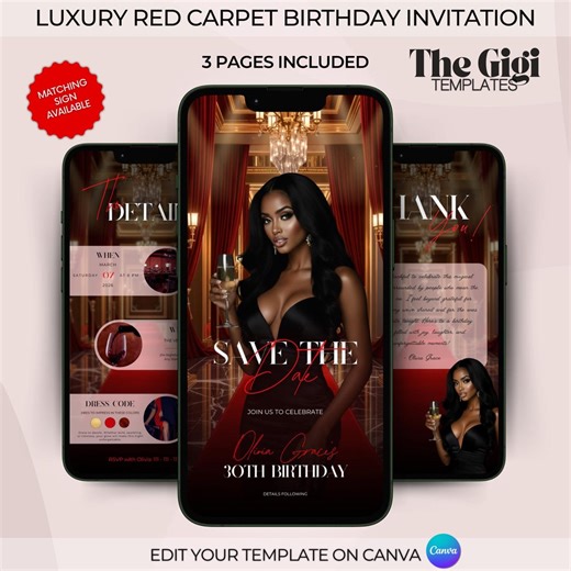 VIP Red Carpet Themed Birthday Party Invitation, Hollywood Birthday Dinner Evite, Luxury Red & Gold Curtains Animated Ecard, Canva Template - Etsy