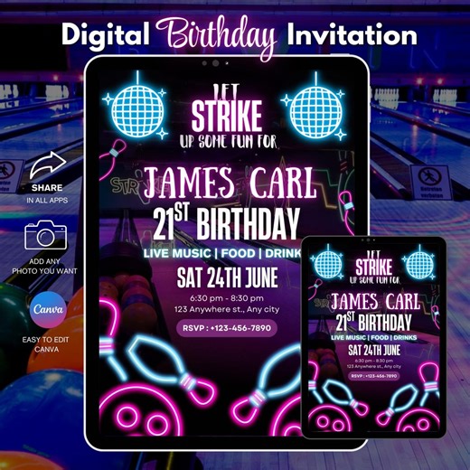 Glow Bowling Birthday Invitation: Editable, Printable, or Digital Card (PDF) - Etsy