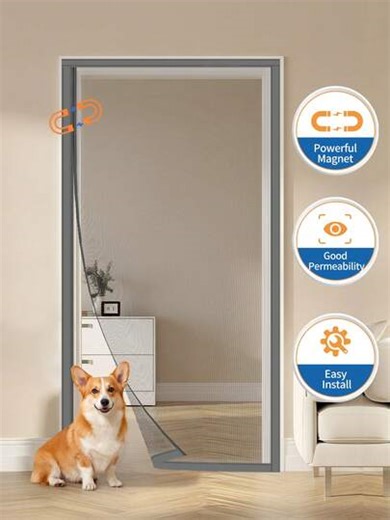 1pc Grey Magnetic Screen Door, Self-Closing Mesh Door, Double-Sided Installation, Invisible Side Opening, Folding Door, Pet & Kid Friendly, Ventilated Mosquito Proof | SHEIN