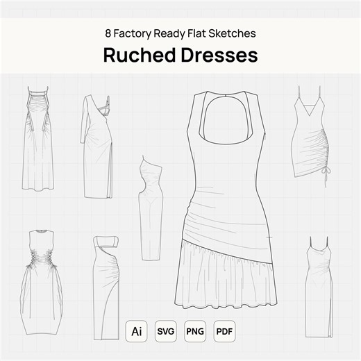 Ruched Dress Vector Flat Sketches – Bodycon & Slip Dress Templates, Fashion Technical Drawing