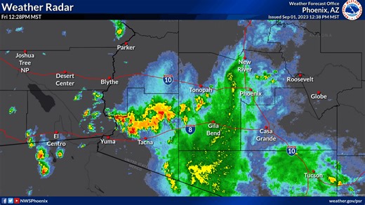 12:40 PM Radar Update: Strong to severe storms in Southwest AZ currently are producing very heavy rainfall, strong wind gusts, blowing dust, and frequent lightning. Storms are starting to pop around Southeast CA and light showers with some embedded storms are moving through South-Central AZ. | US National Weather Service Phoenix Arizona