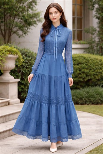 Blue Lace Maxi Dress, Vintage Style, Long Sleeve Boho, Romantic Prairie Silhouette