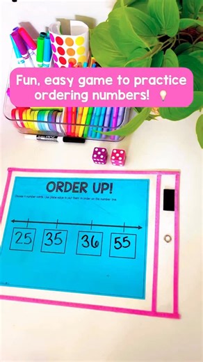 Kelsey | First Grade | Guided Math on Instagram: "This is such an easy game to practice ordering 2-digit numbers that my kids always want to play over and over! 🌟Each student has their own open number line 🌟 Students take turns rolling two dice to make a 2-digit number (we always assign a die for tens and a die for ones) 🌟 Place the number in a spot where it fits on the number line (the numbers must be in order!) 🌟 If the number can’t fit in any of the open spots, lose a turn. 🌟 The first p