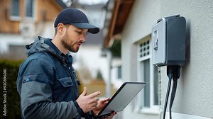A qualified technician installs an EV charging station at a home, troubleshooting and configuring the laptop-based charging system for electric vehicles.