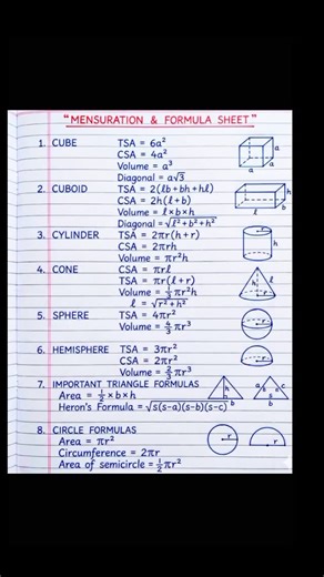 arun_sharma on Instagram: "Math formula series mensuration all sheet 🎯🎯🎯"