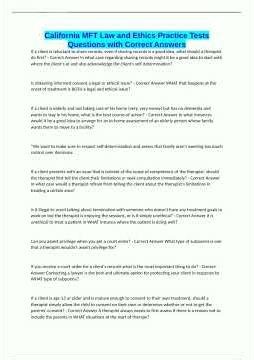 California MFT Law and Ethics Practice Tests Questions with Correct Answers1864