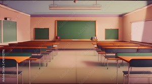School classroom with furniture, including tables, chairs, and a TV screen on the wall, creating a comfortable and modern learning environment