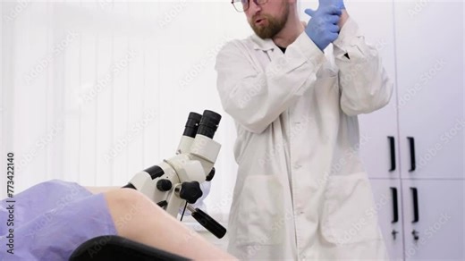 Gynecological office in the clinic. A gynecologist uses a colposcope to examine a patient. A woman lies on a gynecological chair during a colposcopy. Preparing for pregnancy. Modern hospital.