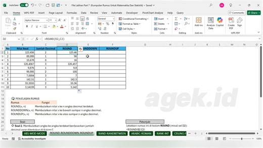 Masuk ke Part 7 dalam seri Belajar Excel! Di video ini, kamu akan belajar berbagai rumus Excel yang digunakan untuk pengolahan angka, perhitungan matematika, statistik dasar, hingga angka acak. Sangat berguna untuk membuat laporan, simulasi, analisa ranking, dan rekap data. 🔍 Rumus yang dibahas dalam video ini: ABS: Mengubah angka menjadi nilai absolut (positif) MOD: Mengambil sisa pembagian MODE: Mencari nilai yang paling sering muncul ROUND, ROUNDDOWN, ROUNDUP: Pembulatan angka dengan berbaga