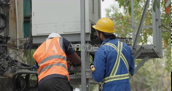Telecom engineer and technician inspect communication equipment during network maintenance and upgrade operation. Infrastructure inspection, troubleshooting, cable management for reliable connectivity