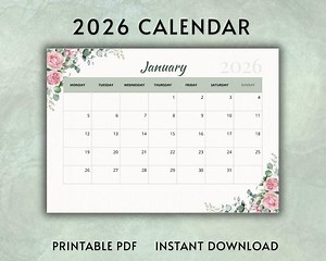 2026 Druckbarer Kalender, minimalistisches Blumendesign (Digitaler Download) - Etsy.de