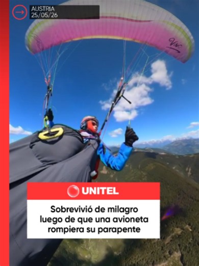 Una mujer que practicaba parapente sobre los Alpes austríacos sobrevivió a un aterrador accidente aéreo luego de que una avioneta impactara directamente contra su paracaídas en pleno vuelo. Tras caer varios metros en picada, la mujer de 44 años logró activar un paracaídas de emergencia y aterrizar con vida Video: sab_thi/IG vía AIL 📲 Más información en Unitel.bo #Unitel #Mundo #Austria #Parapente