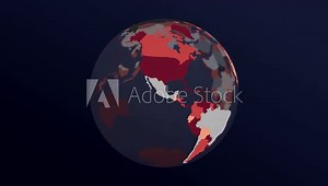 The globe with world map. Dark translucent earth planet in red and grey colors rotating. The second turn changes colors to red hues. 4K cool loop animation.