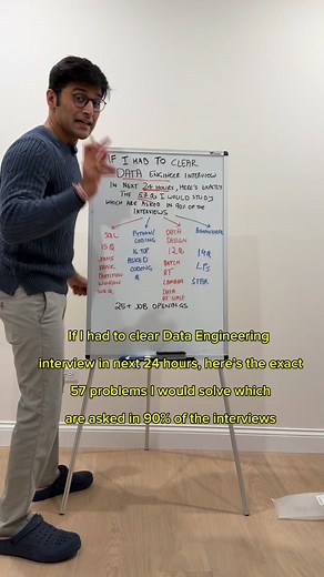 30K views · 77 reactions | If I want to clear a Data Engineering Interview in the next 24 hours, here’s the 57 questions I would solve which are asked in 90% of the interviews + 25 JOBS with referrals . . . #data #dataengineering #AI #artificialintelligence #interview #curatedinterviewquestions #veeconsistent #nodaysoff | Veedaily19 | Facebook