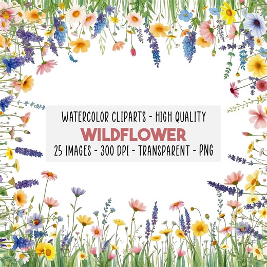 25 Watercolor Wildflower Border PNG, Pastel Boho Floral Clipart Set, Botanical Frame for Invitations, Wedding Flowers Clip Art Bundle - Etsy