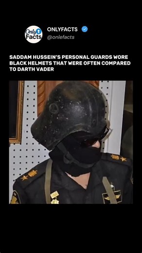 ONLYFACTS🇺🇸 on Instagram: "During his rule, Saddam Hussein placed great importance on the visual image of power and intimidation. Elite security units, including elements of the Republican Guard and personal protection details, wore black uniforms and heavy helmets with a distinctive shape. Because of their silhouette and all black appearance, these helmets were frequently compared to Darth Vader. The resemblance, however, was not inspired by pop culture. The design was intentional, meant to l