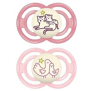 MAM Perfect Night Baby Pacifier, Patented Nipple, Glows in The Dark, 2 Pack, 6-16 Months, Girl