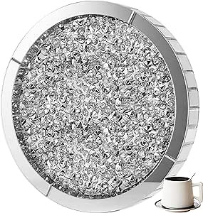 Silver Decorative Tray, Mirored Trays with Crushed Diamond Crystal Vanity Tray Round Super Gorgeous Trays Jewelry Organizer for Dresser, Coffee Table, Bedroom Ottoman 14”x14”x 2”