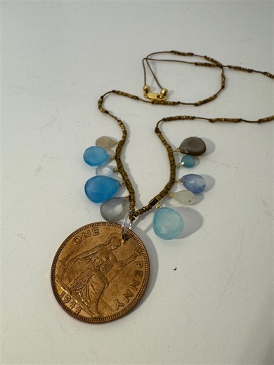 1944 UK Penny Large Gold Coin Necklace With Wire‑wrapped Blue Chalcedony, 12kt Gold Wire - Etsy