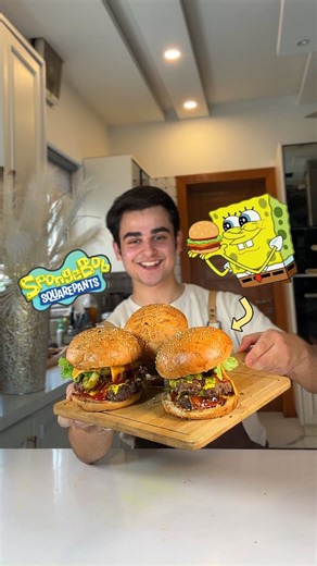Muhammad Danial on Instagram: "Krabby Patties From SpongeBob 😋🍔 What cartoon/anime food do i recreate next? 🍔 Recipe Ingredients: Meat (i used beef, if you dont eat beef replace with chicken) 1kg 1 tsp salt 1 tsp black pepper 1 1/2 tsp onion powder 1 1/2 tsp cayenne pepper Oil to fry Burger buns as required To assemble: Buns Patties Ketchup Mustard Lettuce Cheese Tomatoes Onion . . . . . . #spongebob #spongebobsquarepants #krabbypatty #burger #burgers #burgerlover #hamburger #cheeseburger #ca