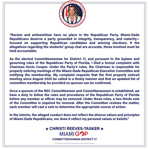 Christi Tasker, Committeewoman for District 17 Miami, has filed a formal complaint with the GOP Party Chair Kevin Cooper