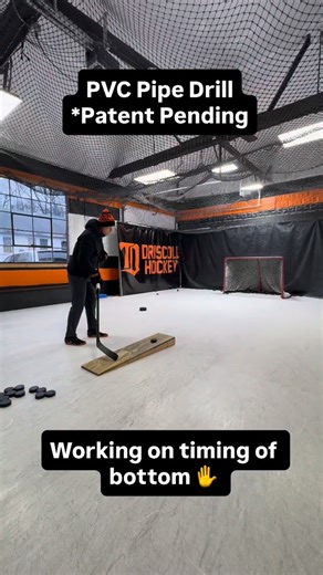 PVC pipe on bottom hand not only great for quieting the bottom hand for stickhandling, helps the bottom hand work better for shooting as well. Right- handed dominant right shot players and left-handed dominant left shot players have a tendency for their bottom hand to do too much work. We don't want the bottom hand to choke out the blade by squeezing too much, nor do we want the bottom hand to steer the shot. Bottom hand needs to apply the right amount of pressure at the right time. | Driscoll H