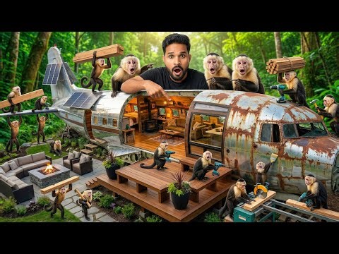 I Turned an Abandoned Airplane into a Hidden Off-Grid Shelter with My Monkey Team | Step-by-Step