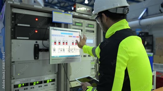 Electrical engineer male checking voltage at the Power Distribution Cabinet in the control room,preventive maintenance Yearly,inspecting power system and control panel in industrial factory