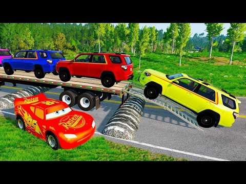TRANSPORTING PIXAR CARS & FRUITS WITH COLORED & JOHN DEERE vs CLAAS vs TRACTORS - BeamNG.drive #983