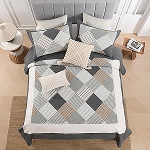 Quilts Queen Size - Plaid Design Queen Quilt Set with Matching Shams, 3 Pieces 100% Cotton Lightweight Rustic Cabin Lodge Bedspread Coverlet for Queen Bed, All Season, Gray/Brown/Beige