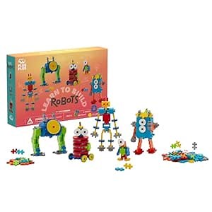 PLUS PLUS Learn to Build Set, Interlocking Mini Building Blocks, 3D Puzzle Construction Stem Toy for Kids - Robots, 250 Pieces