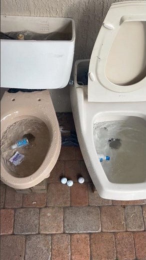 2 toilets flushing a ramen sauce packet and a small bottle