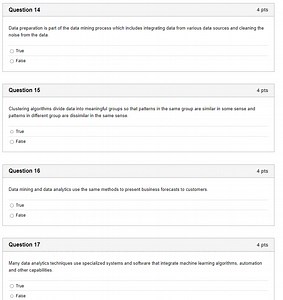 Question 144 ptsData preparation is part of the data mining ... | Filo