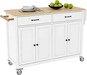 LUMISOL Large Rolling Kitchen Cart with 2 Drawers,Kitchen Island on Wheels with Solid Wood Top, Portable Trolley Island with 2 Cabinets for Dining Room, White