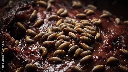 Macro View of Creepy Crawling Maggots, Fly larvae, Maggots. A close-up macro view of a teeming colony of maggots. The fly larvae are writhing in soil, part of the natural decomposition cycle.