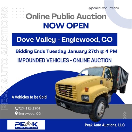 🚗 Bidding is now live! Check out our latest online auto auction and get your bids in before it closes Tuesday, January 27th at 4:00 PM. The countdown is on—start bidding now! #BidNow #autoauction #englewoodco https://www.peakautoauctionsco.com/auctions/11818-dove-valley-englewood-online-auction | Peak Auto Auctions - Colorado