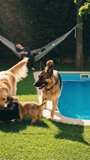 Golden retriever and German shepherd racing around the pool #DreamScreenAI