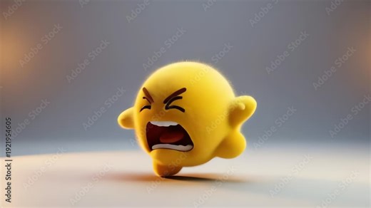 An angry yellow fuzzy emoji runs toward the side with a clenched face and wide-open mouth as if shouting