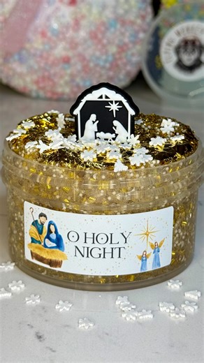 Flying Monkey Slimes on Instagram: "“O Holy Night” is a coated clear bingsu micro floam slime with a stunning gold aesthetic. It’s filled with gold moons and stars glitter and topped with shimmering gold foil, making it truly one of the prettiest slimes I’ve ever created. It’s scented Egyptian Oakmoss, a very light, beautiful fragrance that adds a soft, peaceful touch. This slime is crispy, poppy, and wonderfully textured, giving you all the satisfying sounds and stretches you want in a crunchy 
