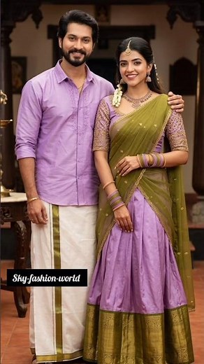 💜Lavender&Olive Green Traditional Dhavani Couple Look|South Indian Engagement/Festive Outfit Ideas✨