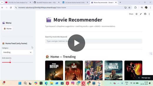 #machinelearning #nlp #movierecommendation #python #tfidf #fastapi #streamlit #datascience #ai #mlprojects | Saurav kumar kamat