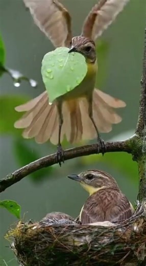 Wow! Mom Bird Shields Her Babies From The Rain With Leaf! #birds #animals #nature