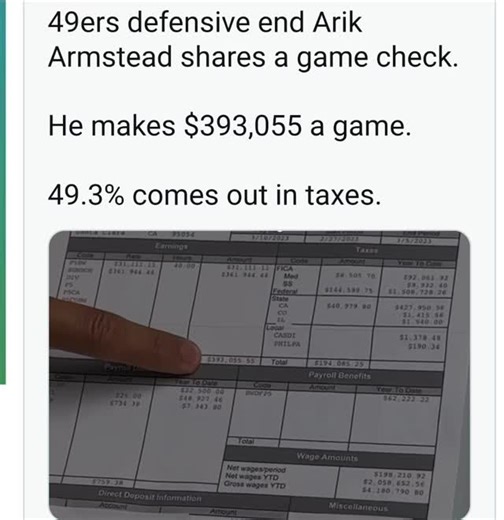 Mr.Richard Prillerman on Instagram: "Thoughts ...Armstead, now 31, was a first round draft pick by the 49ers 2015, and he had remained with the team for his entire career at the time of the post. He was signed earlier this year by Jacksonville Jaguars and played all games. Payslip showed that Armstead was earning a cool $393,055 per game during the 24 NFL season - with $194,085.25 in federal, state and local taxes. Up to that point, the defensive tackle had earned over $2 million in net wages du